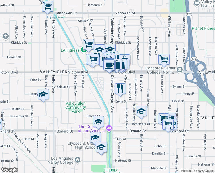 map of restaurants, bars, coffee shops, grocery stores, and more near 6259 Coldwater Canyon Avenue in Los Angeles