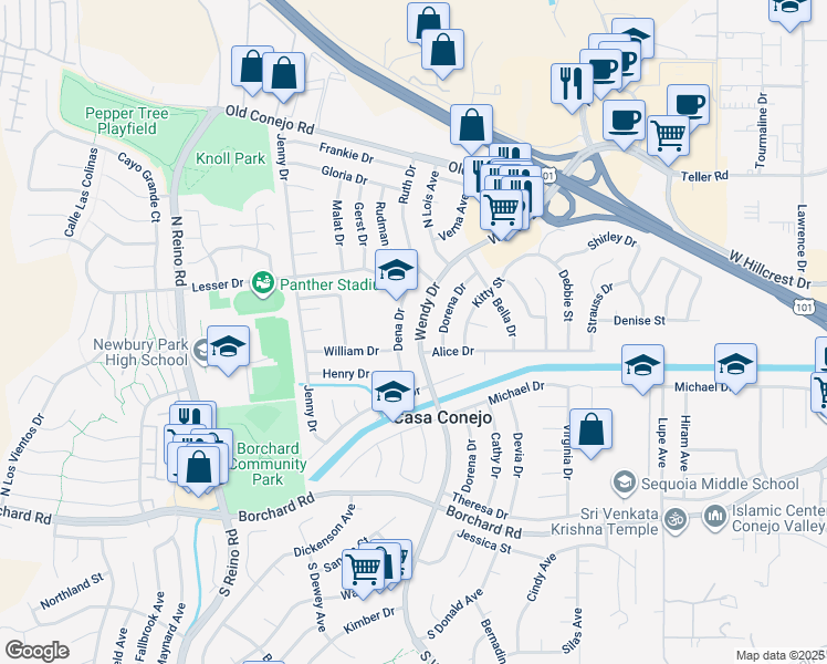 map of restaurants, bars, coffee shops, grocery stores, and more near 523 Wendy Drive in Thousand Oaks
