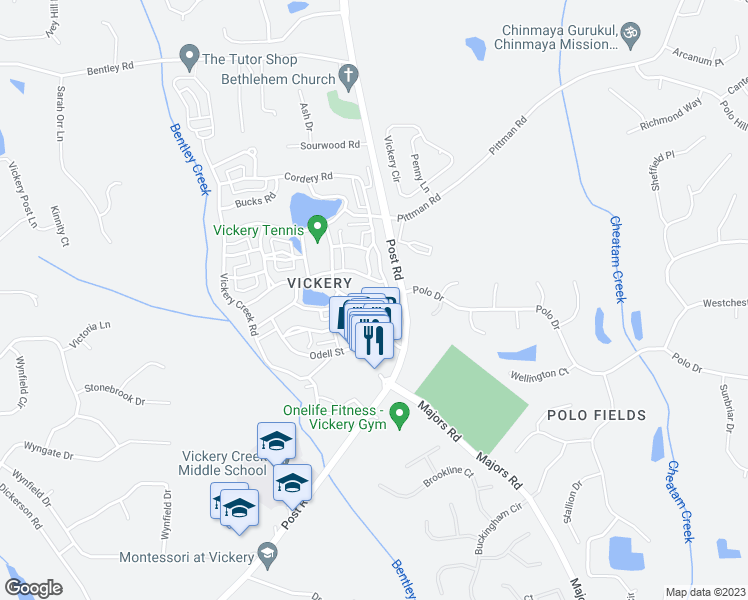 map of restaurants, bars, coffee shops, grocery stores, and more near 6765 Meeting House Road in Cumming