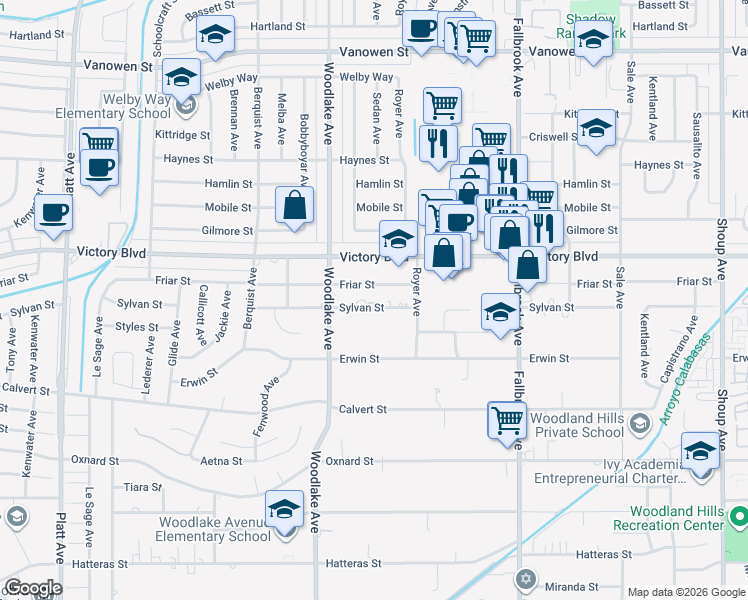 map of restaurants, bars, coffee shops, grocery stores, and more near 23031 Sylvan Street in Los Angeles