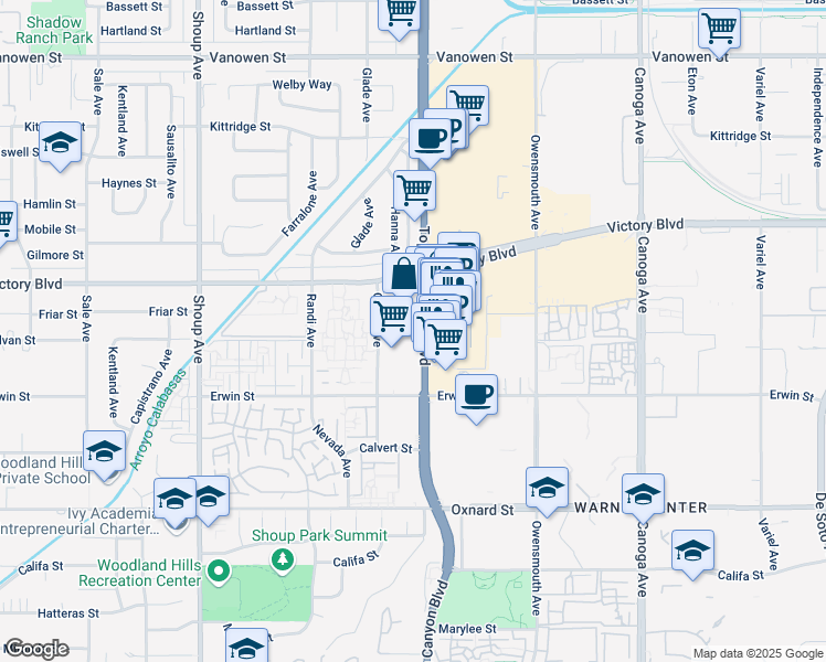 map of restaurants, bars, coffee shops, grocery stores, and more near 6263 California 27 in Los Angeles