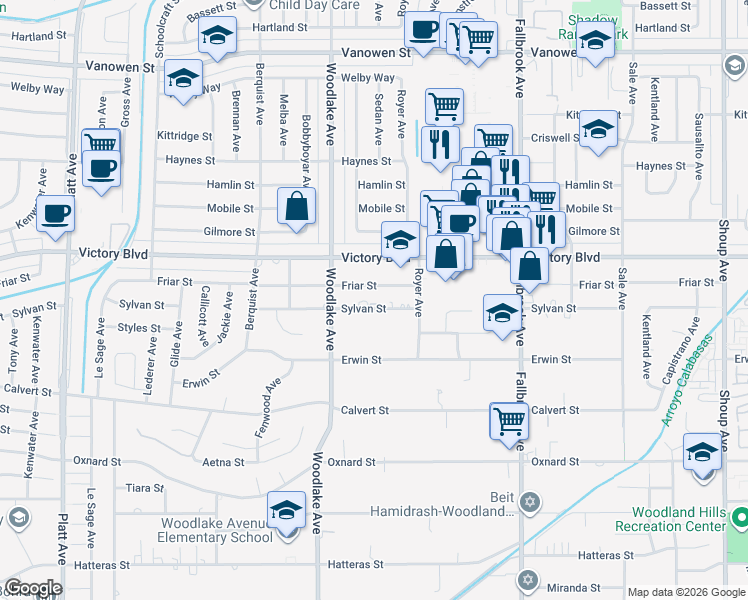 map of restaurants, bars, coffee shops, grocery stores, and more near 23057 Sylvan Street in Los Angeles