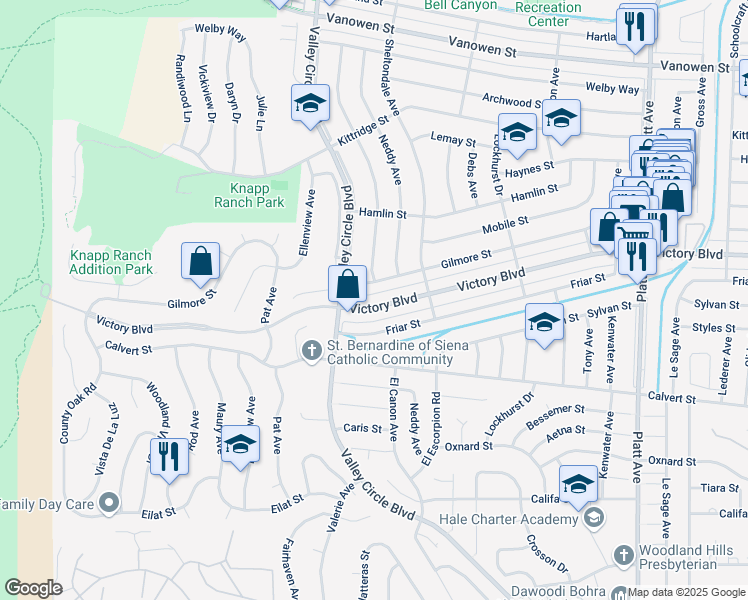 map of restaurants, bars, coffee shops, grocery stores, and more near 24313 Victory Boulevard in Los Angeles