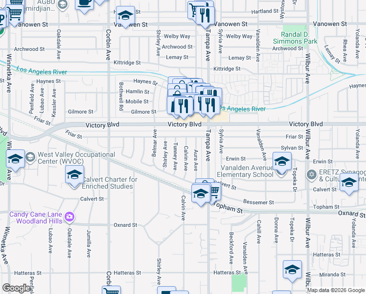 map of restaurants, bars, coffee shops, grocery stores, and more near 6307 Calvin Avenue in Los Angeles