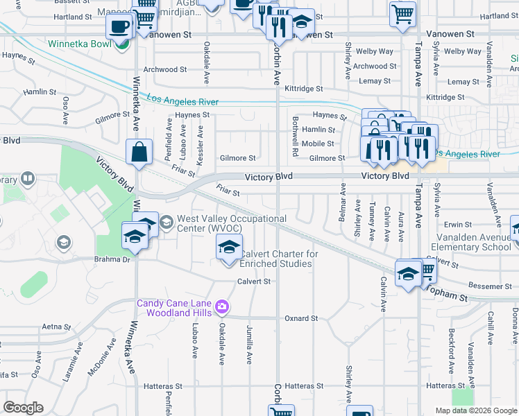map of restaurants, bars, coffee shops, grocery stores, and more near 6330 Jumilla Avenue in Los Angeles