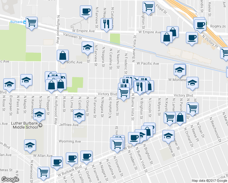 map of restaurants, bars, coffee shops, grocery stores, and more near 2711 West Victory Boulevard in Burbank