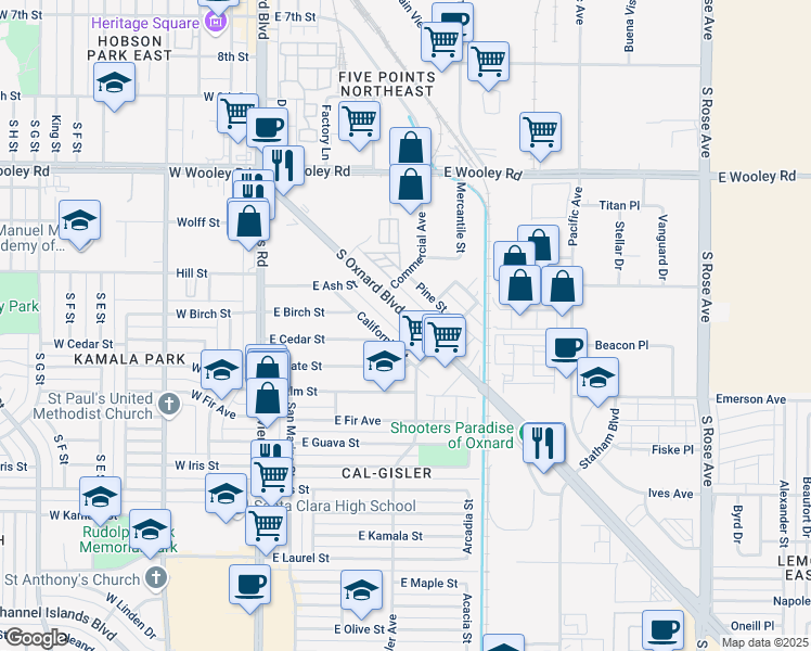 map of restaurants, bars, coffee shops, grocery stores, and more near 1475 South Oxnard Boulevard in Oxnard