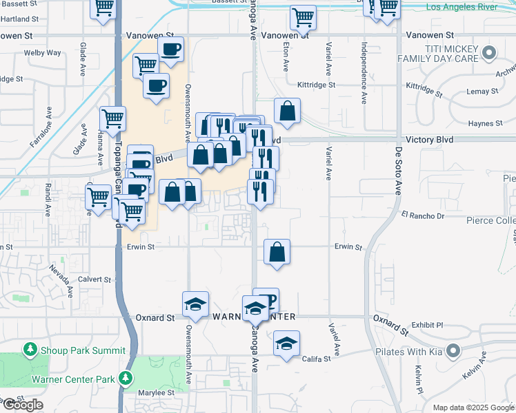 map of restaurants, bars, coffee shops, grocery stores, and more near Canoga Avenue in Los Angeles County