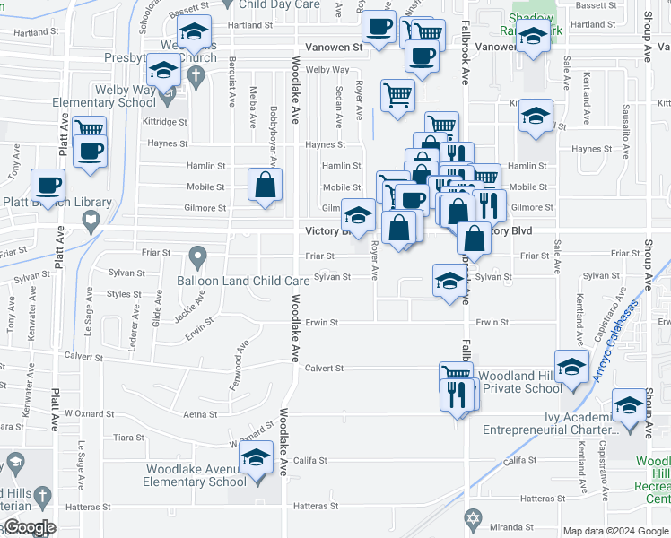 map of restaurants, bars, coffee shops, grocery stores, and more near 23057 Sylvan Street in Los Angeles