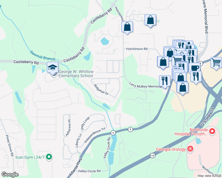 map of restaurants, bars, coffee shops, grocery stores, and more near 4609 Whitfaire Court in Cumming