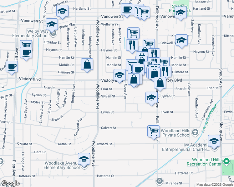 map of restaurants, bars, coffee shops, grocery stores, and more near 23031 Sylvan Street in Los Angeles