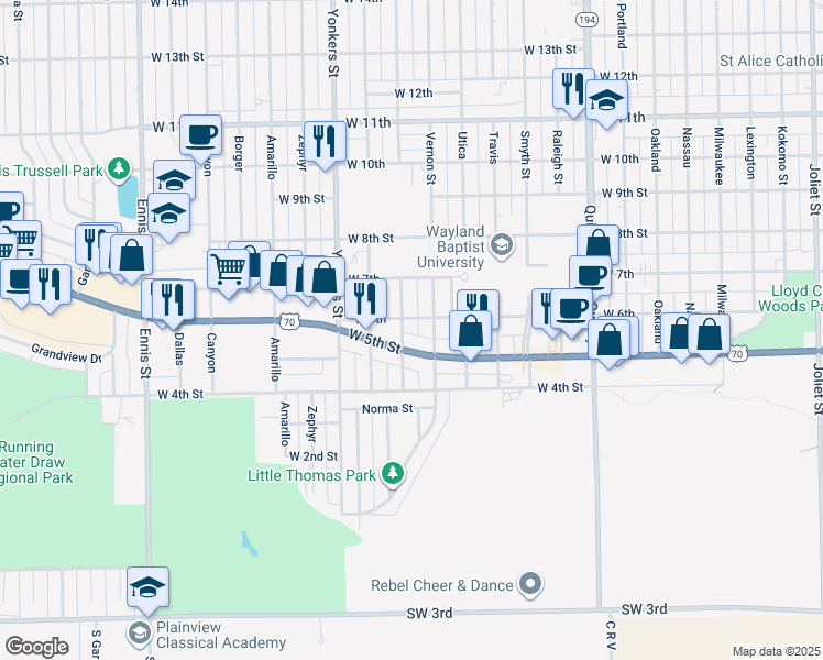 map of restaurants, bars, coffee shops, grocery stores, and more near 510 Wayland Street in Plainview
