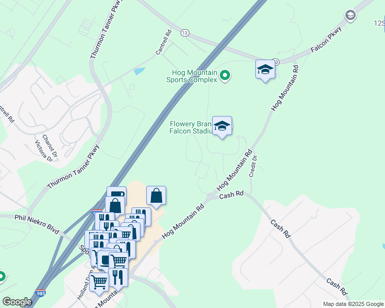 map of restaurants, bars, coffee shops, grocery stores, and more near 4496 Hog Mountain Road in Flowery Branch