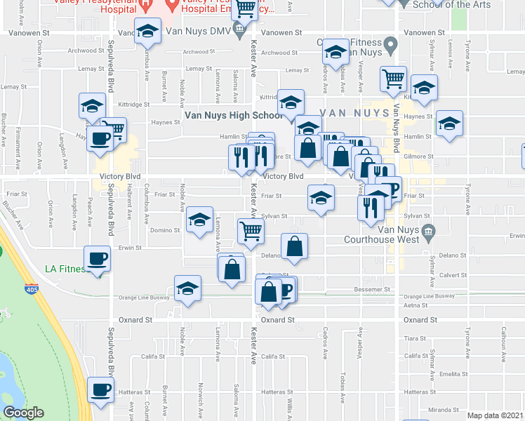 map of restaurants, bars, coffee shops, grocery stores, and more near 14843 Sylvan Street in Los Angeles