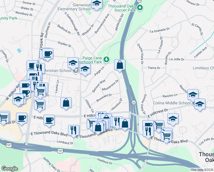 map of restaurants, bars, coffee shops, grocery stores, and more near 759 Masterson Drive in Thousand Oaks