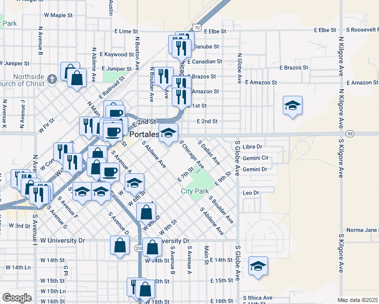 map of restaurants, bars, coffee shops, grocery stores, and more near 525 South Chicago Avenue in Portales