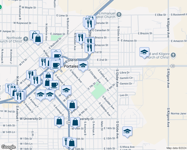 map of restaurants, bars, coffee shops, grocery stores, and more near 525 South Chicago Avenue in Portales