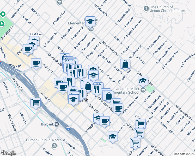 map of restaurants, bars, coffee shops, grocery stores, and more near 521 East Olive Avenue in Burbank
