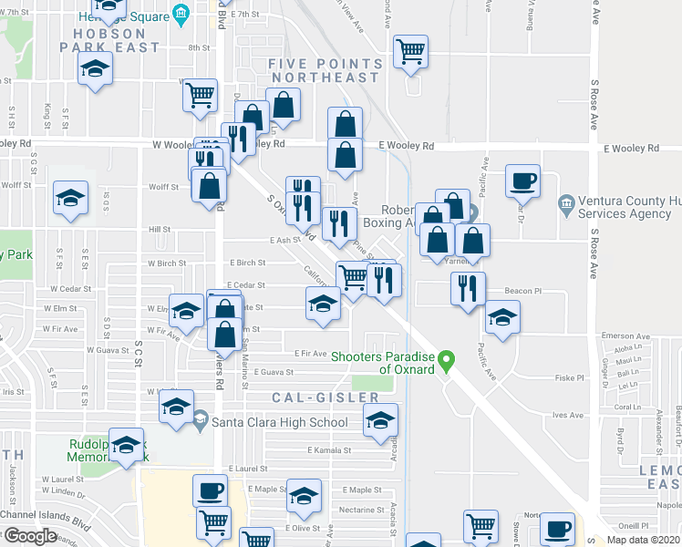 map of restaurants, bars, coffee shops, grocery stores, and more near 1507 South Oxnard Boulevard in Oxnard