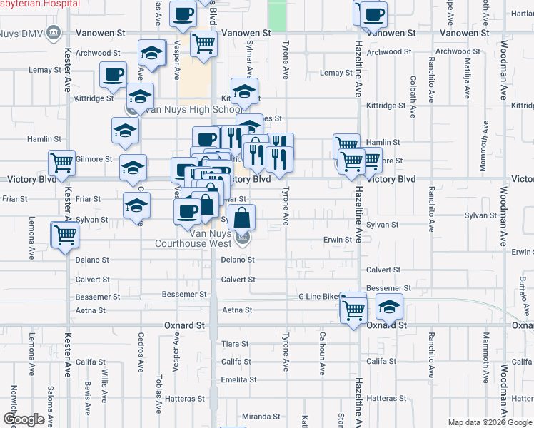 map of restaurants, bars, coffee shops, grocery stores, and more near 14347 Sylvan Street in Los Angeles