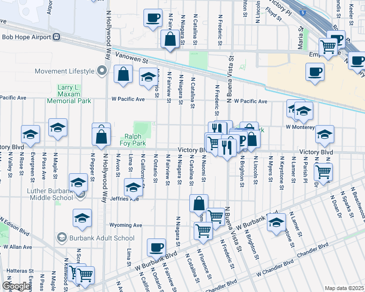 map of restaurants, bars, coffee shops, grocery stores, and more near 2819 West Victory Boulevard in Burbank