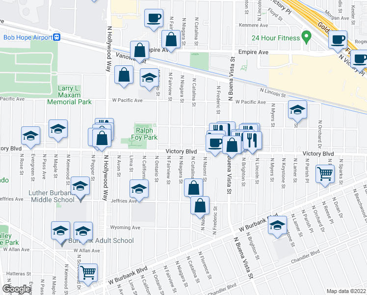 map of restaurants, bars, coffee shops, grocery stores, and more near 2819 West Victory Boulevard in Burbank