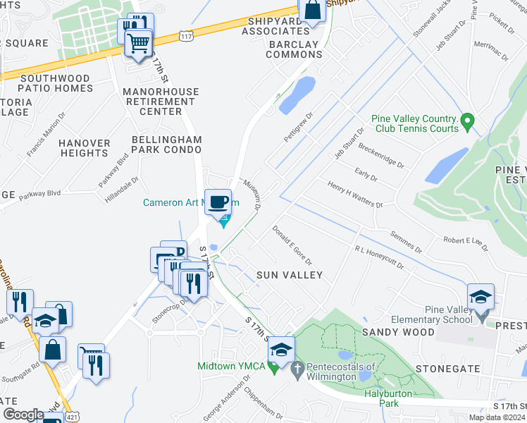 map of restaurants, bars, coffee shops, grocery stores, and more near 1649 Museum Drive in Wilmington