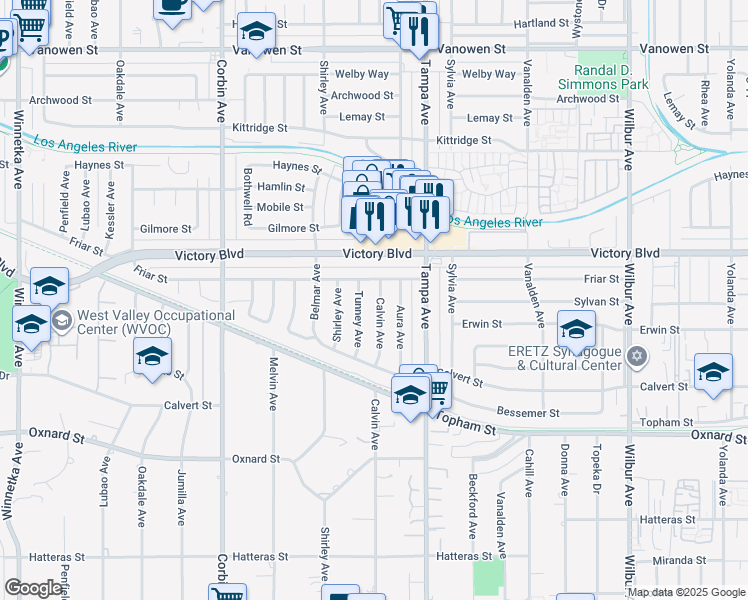 map of restaurants, bars, coffee shops, grocery stores, and more near 6307 Calvin Avenue in Los Angeles