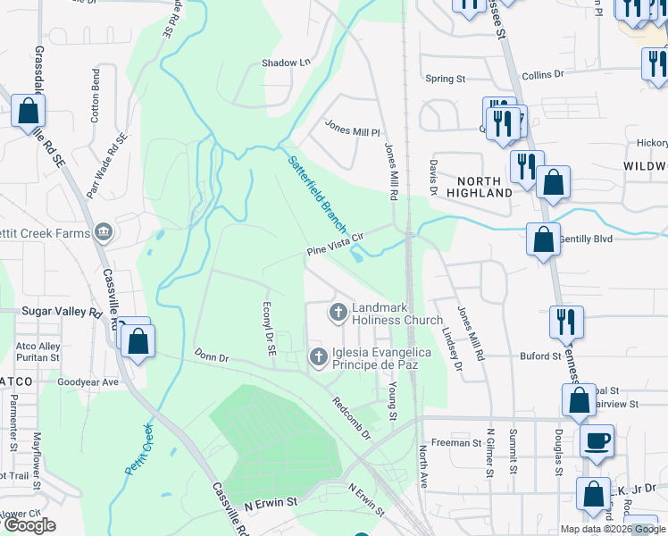map of restaurants, bars, coffee shops, grocery stores, and more near 20 Jenny Ln in Cartersville