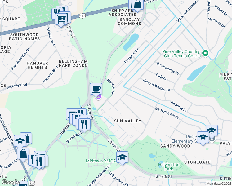 map of restaurants, bars, coffee shops, grocery stores, and more near 1649 Museum Drive in Wilmington