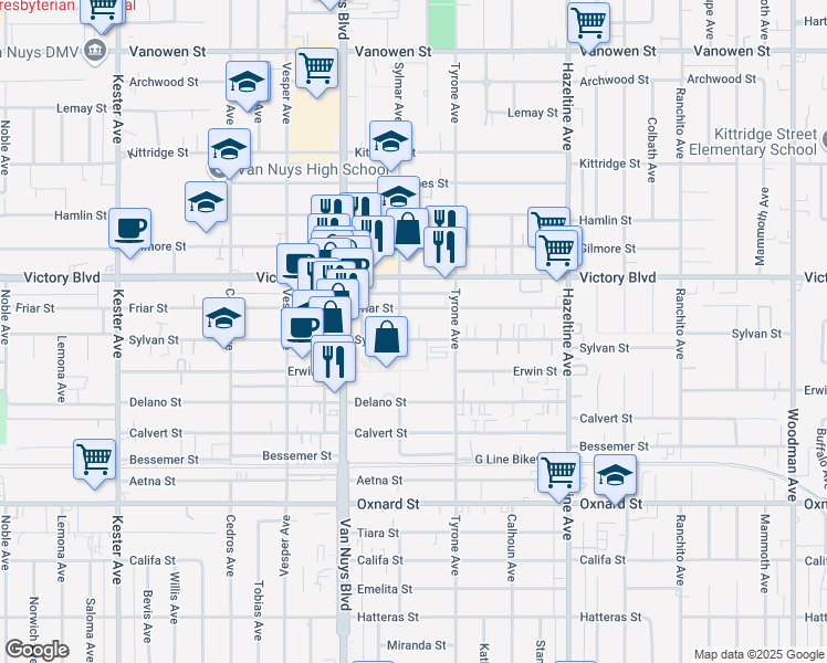 map of restaurants, bars, coffee shops, grocery stores, and more near 14347 Sylvan Street in Los Angeles