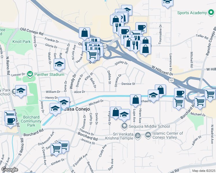 map of restaurants, bars, coffee shops, grocery stores, and more near 539 Debbie Street in Thousand Oaks
