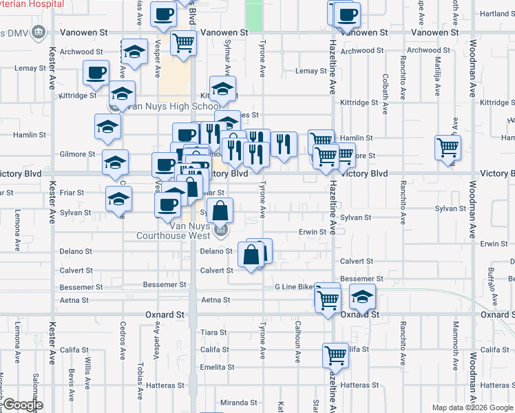 map of restaurants, bars, coffee shops, grocery stores, and more near 14309 Sylvan Street in Los Angeles