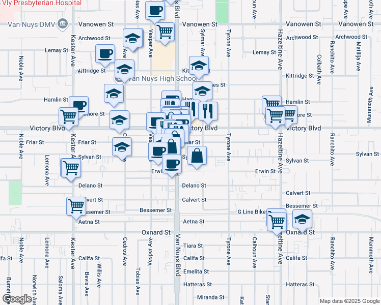 map of restaurants, bars, coffee shops, grocery stores, and more near 14431 Sylvan Street in Los Angeles
