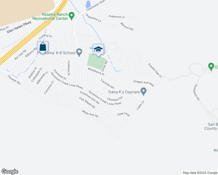 map of restaurants, bars, coffee shops, grocery stores, and more near 3867 Taconite Road in San Bernardino