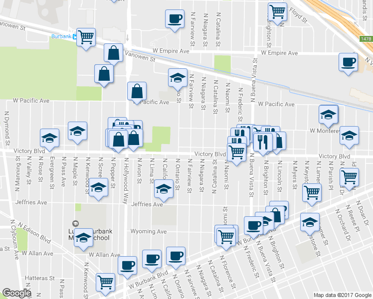 map of restaurants, bars, coffee shops, grocery stores, and more near 3007 West Victory Boulevard in Burbank