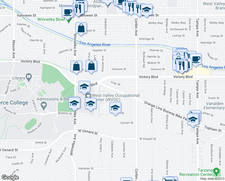 map of restaurants, bars, coffee shops, grocery stores, and more near 6292 Lubao Avenue in Los Angeles