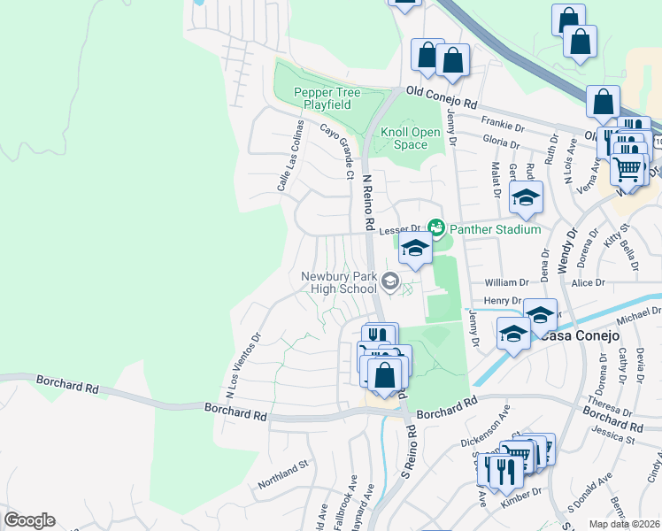 map of restaurants, bars, coffee shops, grocery stores, and more near 619 Martinique Place in Thousand Oaks