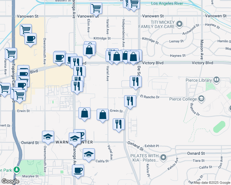 map of restaurants, bars, coffee shops, grocery stores, and more near 6300 Variel Avenue in Los Angeles