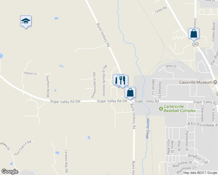 map of restaurants, bars, coffee shops, grocery stores, and more near 50 Oakbrook Drive in Cartersville