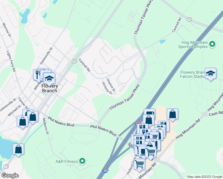 map of restaurants, bars, coffee shops, grocery stores, and more near 4754 Chariot Drive in Flowery Branch