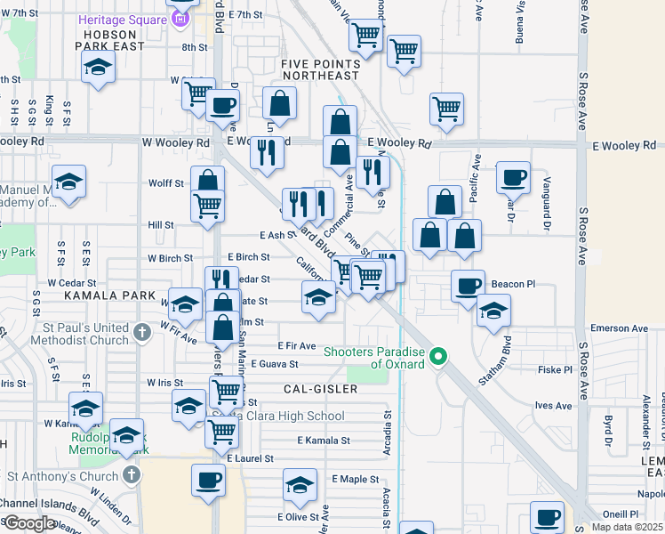 map of restaurants, bars, coffee shops, grocery stores, and more near 1475 South Oxnard Boulevard in Oxnard