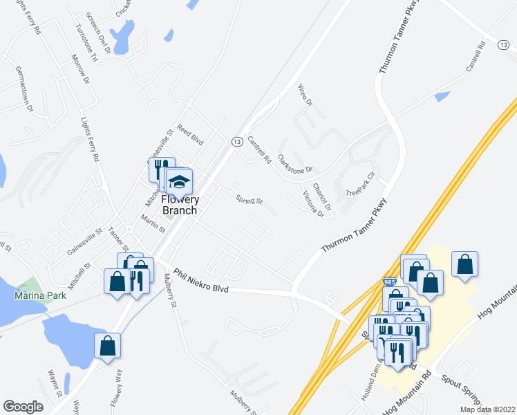 map of restaurants, bars, coffee shops, grocery stores, and more near 5148 Spring Street in Flowery Branch