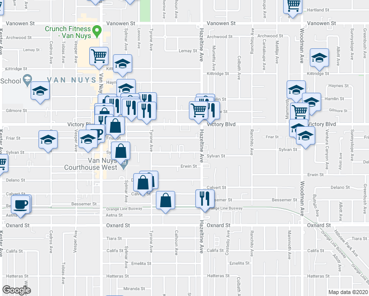 map of restaurants, bars, coffee shops, grocery stores, and more near 14143 Sylvan Street in Los Angeles