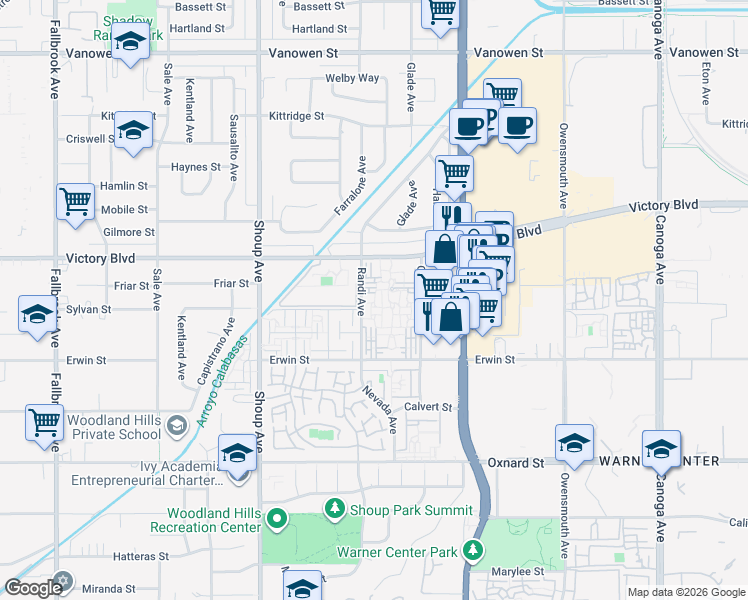 map of restaurants, bars, coffee shops, grocery stores, and more near 6330 Randi Avenue in Los Angeles