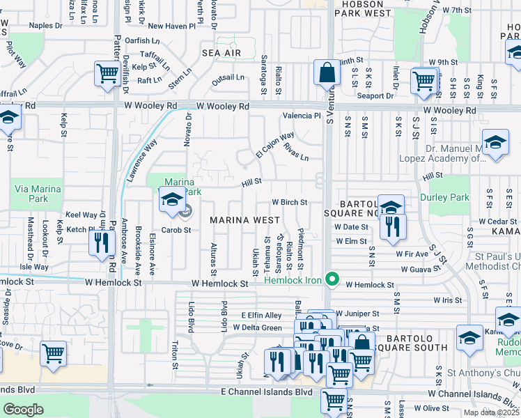 map of restaurants, bars, coffee shops, grocery stores, and more near 1410 Ukiah Street in Oxnard