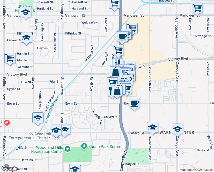 map of restaurants, bars, coffee shops, grocery stores, and more near 6331 Glade Avenue in Los Angeles