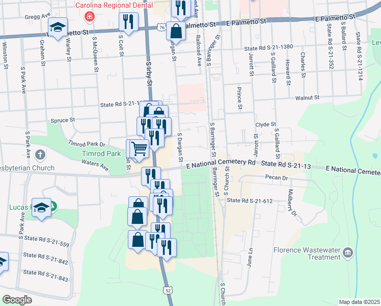 map of restaurants, bars, coffee shops, grocery stores, and more near 722 South Dargan Street in Florence