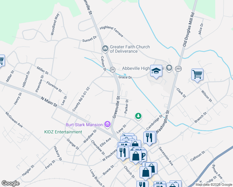 map of restaurants, bars, coffee shops, grocery stores, and more near 300-394 Richey Street in Abbeville