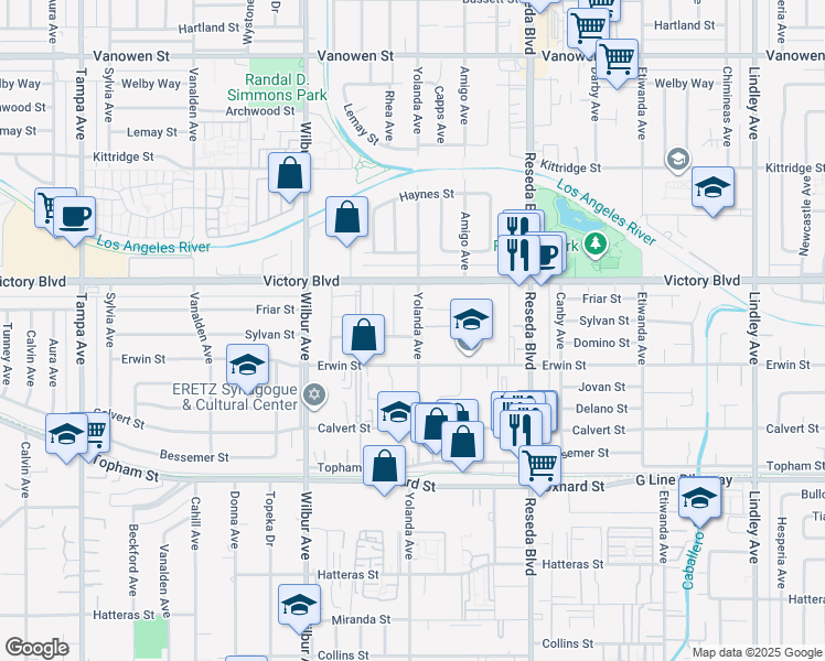 map of restaurants, bars, coffee shops, grocery stores, and more near 6319 Yolanda Ave in Los Angeles